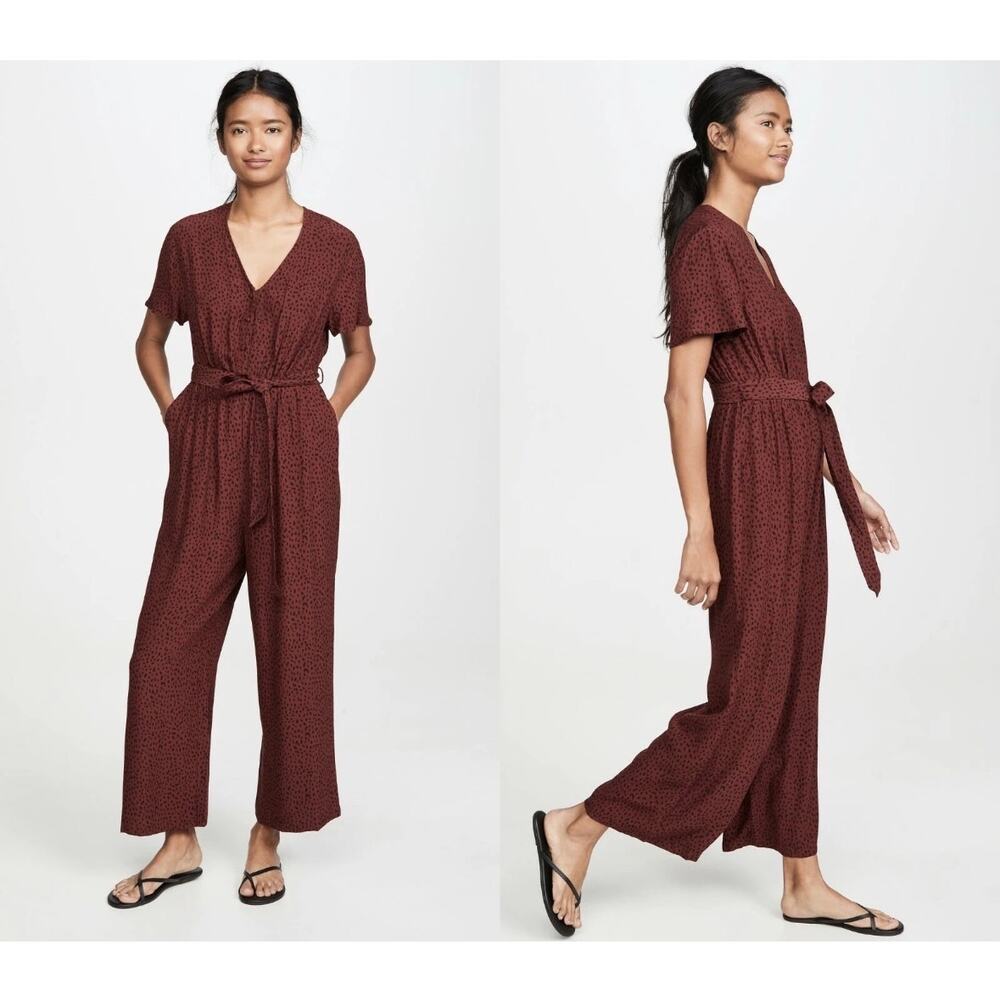 Rails Jet Jumpsuit V Neck Cropped Wide Leg Rust Spotted S $228 MSRP Casual Chic